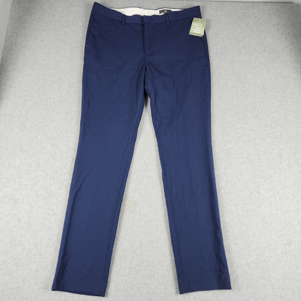 H&M Dress Pants Mens 34 Blue Business Formal High Rise Flat Front Skinny Fit